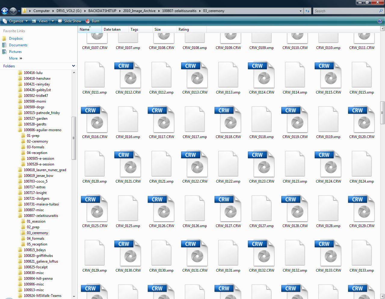Windows Explorer preview pane; raw files just icons